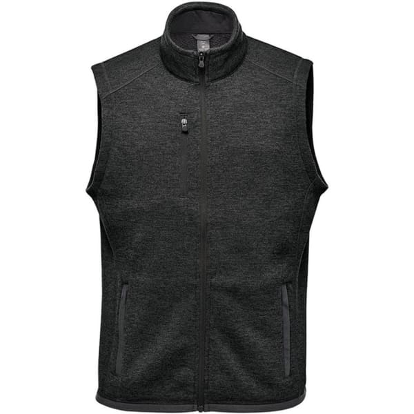 A men's full zip fleece vest in dark grey, featuring a zippered chest pocket and two side pockets.
