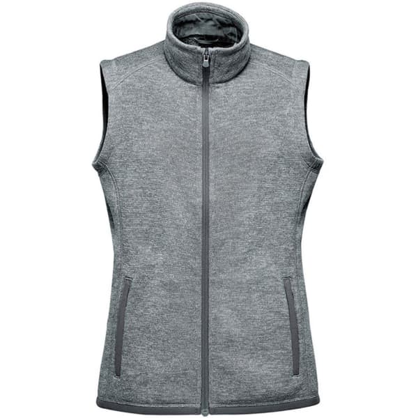 A grey women's fleece vest with a full zip and high collar, featuring two side pockets and a logo.