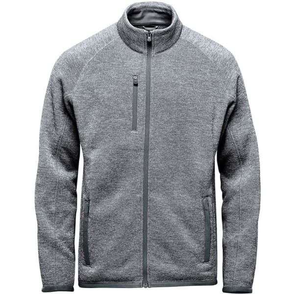 A men's full zip fleece jacket in grey with two side pockets and a chest pocket. Includes branding on the garment.