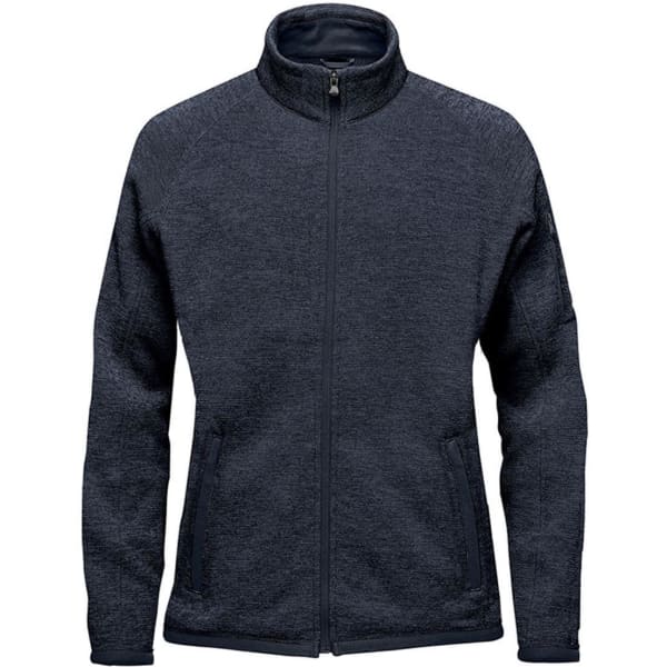 A women's full zip fleece jacket in dark grey with a logo on the sleeve and zippered pockets.
