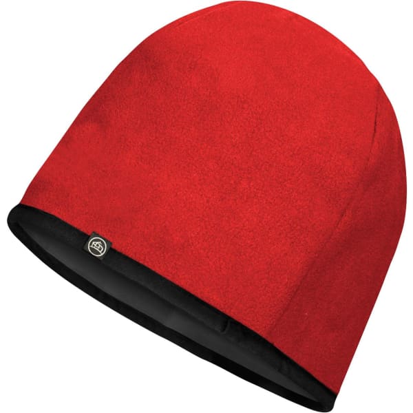 A red fleece toque with a black lining and a small logo on the edge.