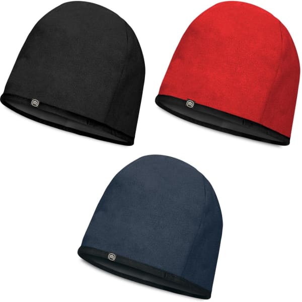 Three Helix Fleece Toques in black, red, and navy blue, featuring a logo on each beanie.