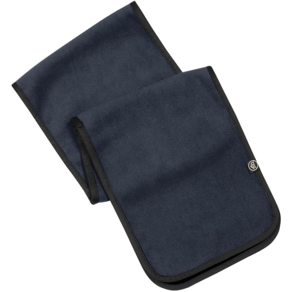 A dark blue fleece scarf with black edges, featuring a small logo.
