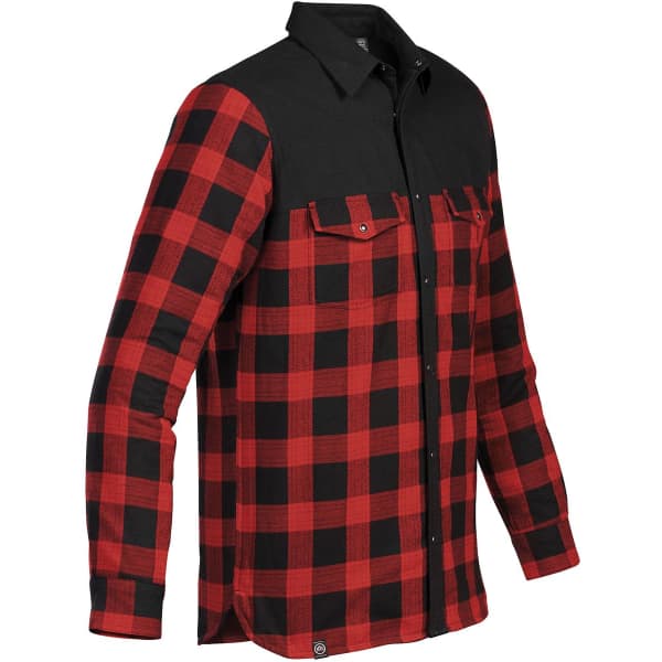 A red and black checked button-up thermal shirt with a black upper section and two chest pockets, featuring a logo.