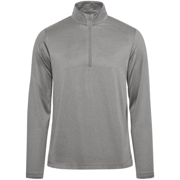 A grey men's pullover featuring a 1/4 zip design and long sleeves. It has a logo on the chest.