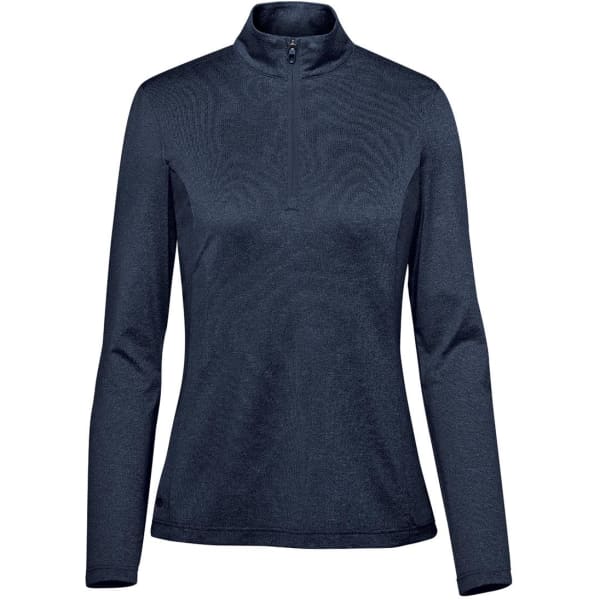A women's pullover in navy blue with a 1/4 zip collar and long sleeves, featuring a logo on the garment.