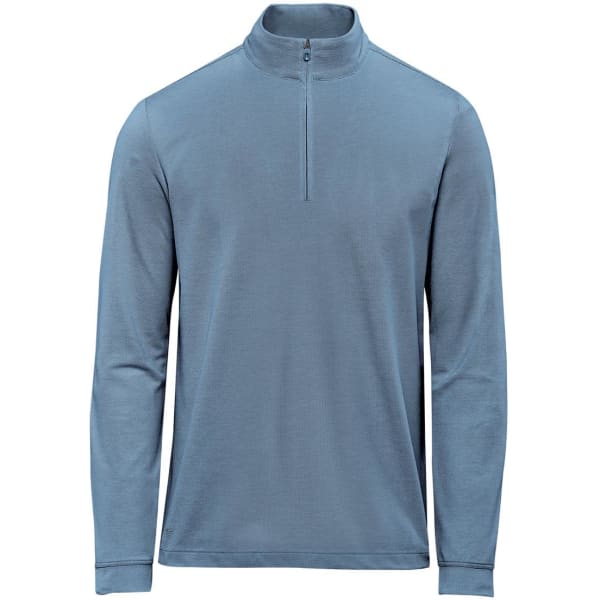 A men's pullover in a soft blue shade with a quarter zip and long sleeves; features a logo.