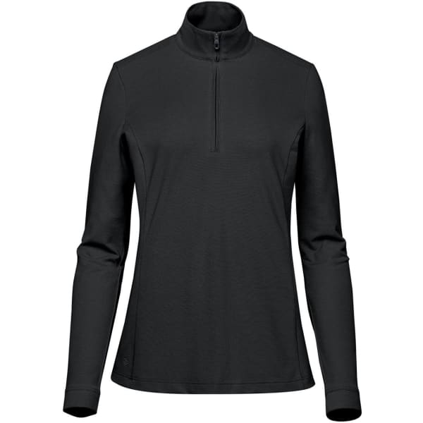 A black women's pullover with a 1/4 zip and long sleeves. It features a logo on the side.
