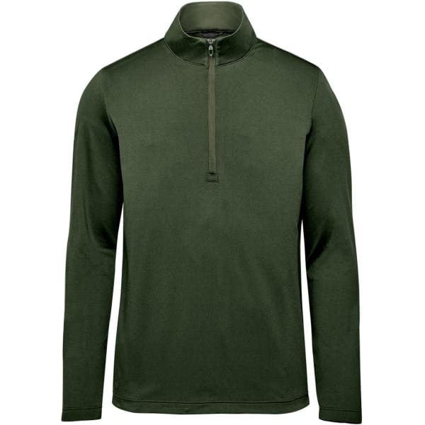 A green men's 1/4 zip pullover with long sleeves and a high collar. It features a small logo on the chest.