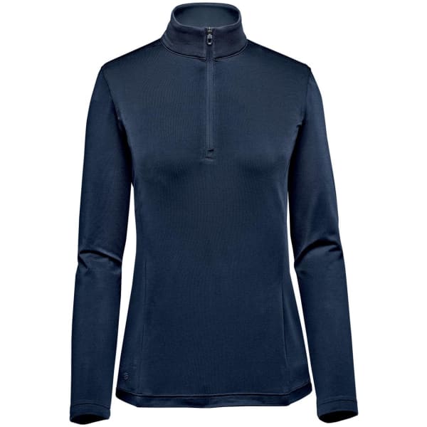 A women's 1/4 zip pullover in navy blue with long sleeves and a high collar, featuring a small logo.