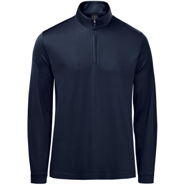 A navy blue men's pullover featuring a 1/4 zip collar and long sleeves, with a logo on the chest.