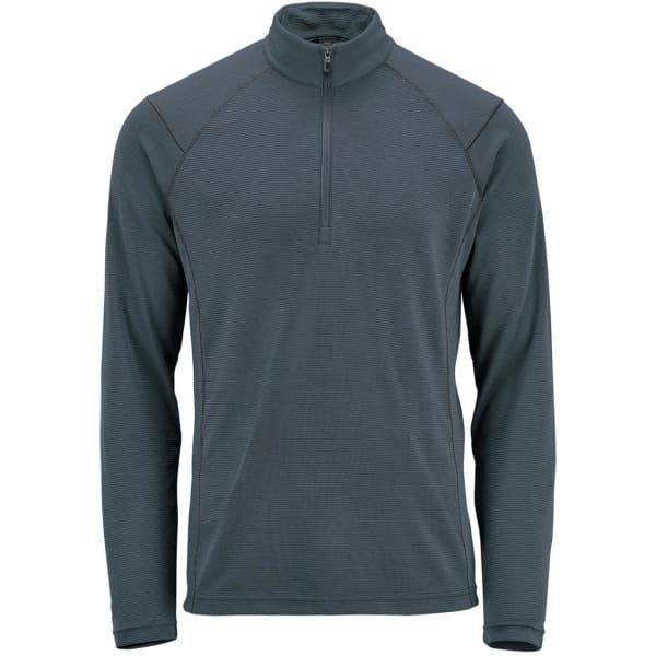 A men's pullover in dark grey with a 1/4 zip collar and long sleeves. Features a logo on the chest.