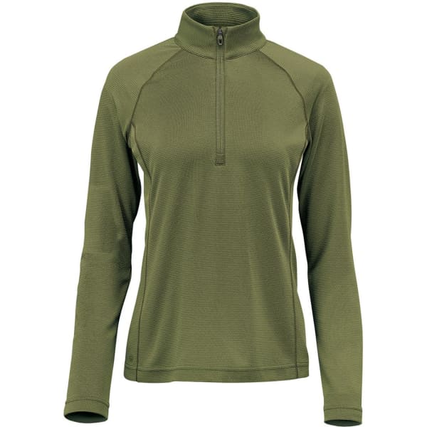 A women's pullover in olive green with a quarter zip and long sleeves, featuring a logo on the front.