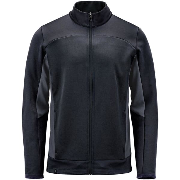 A black knit jacket with a zip front, featuring contrasting panel details and a high collar. It has a logo on the design.