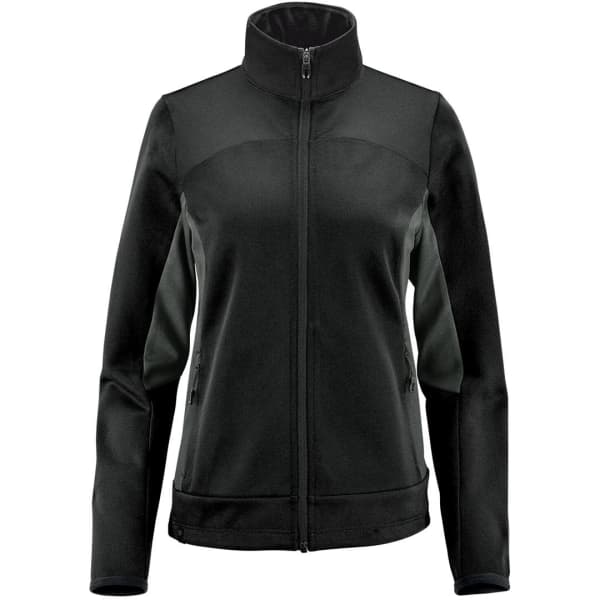 A women's black knit jacket with a high collar and zippered front, featuring contrasting panel details and pockets.
