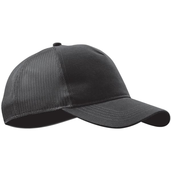 A black trucker cap featuring a solid front and mesh side panels, complete with a branding logo.