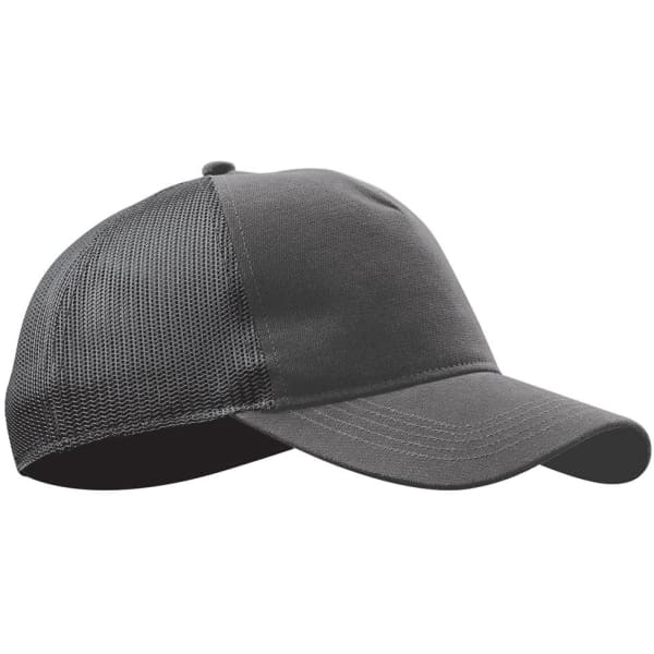 A dark grey trucker cap featuring a solid front and mesh back, with a branding logo on the side.