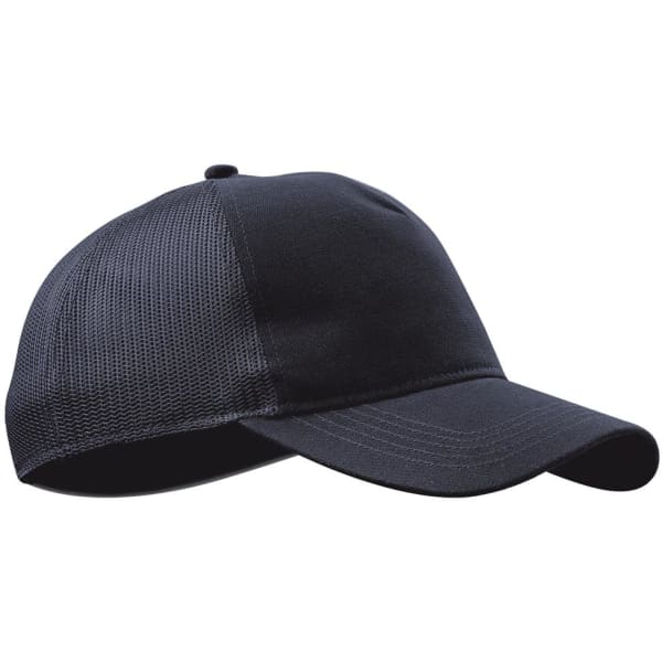 A black trucker cap featuring a mesh design and a solid front panel, with a logo on the side.