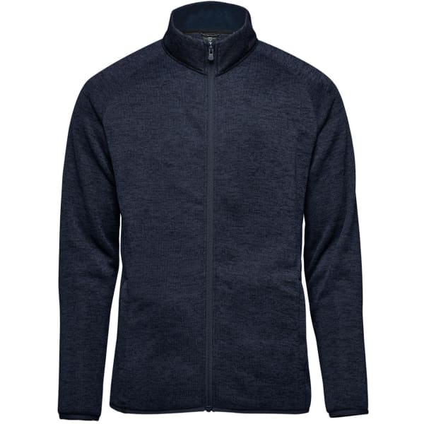 A full zip fleece jacket in navy blue featuring a high collar and a visible zipper. The jacket has a logo.