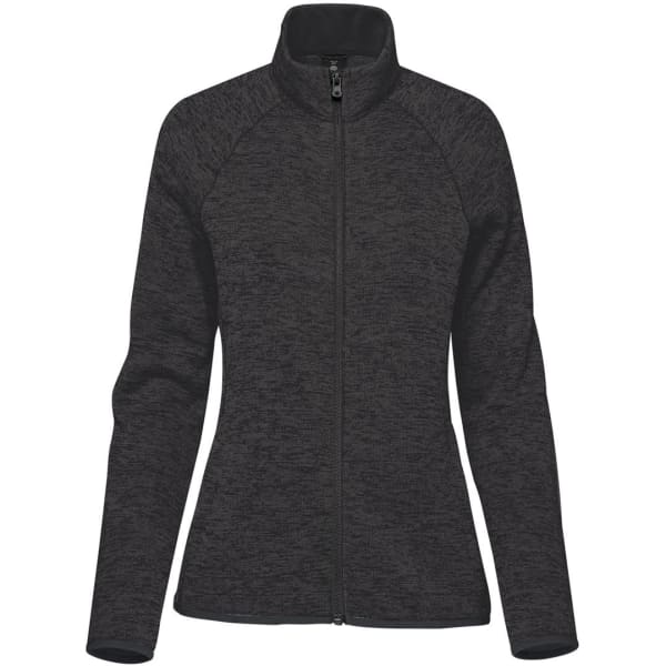 A women's full zip fleece jacket in a dark grey heather shade, featuring a high collar and long sleeves.