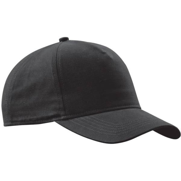 A black cap with a curved brim and a rounded crown, featuring a logo on the front.