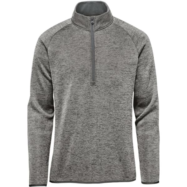 A grey men's fleece jacket featuring a half-zip collar and long sleeves, with contrasting fabric at the neck.