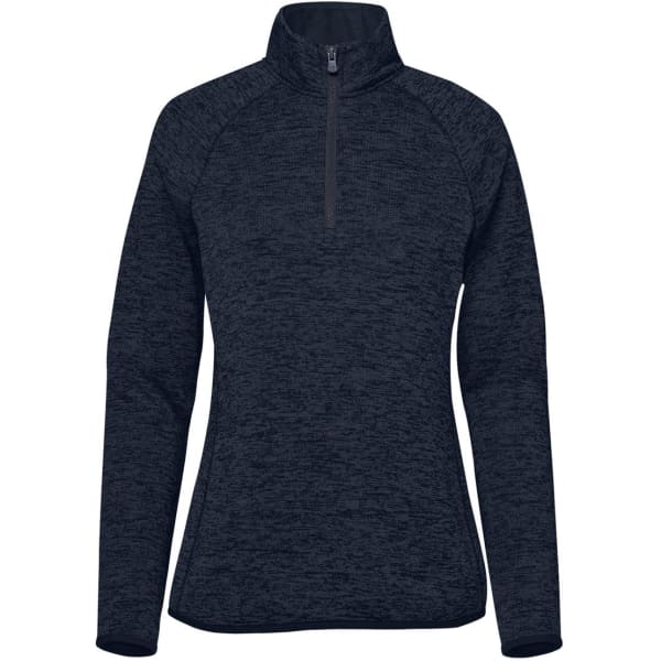 A dark navy half-zip fleece jacket for women with long sleeves and a collar. Features a logo on the garment.