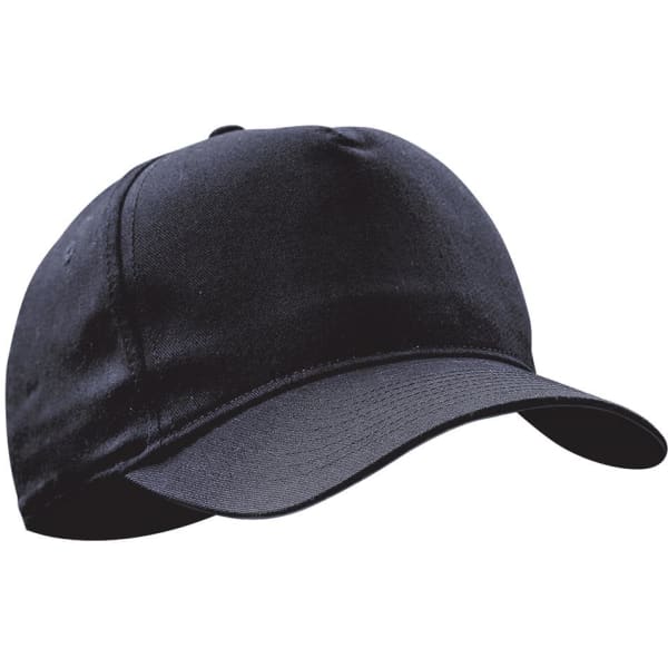 A black cap with a curved brim and an enclosed back, featuring a logo on the front.