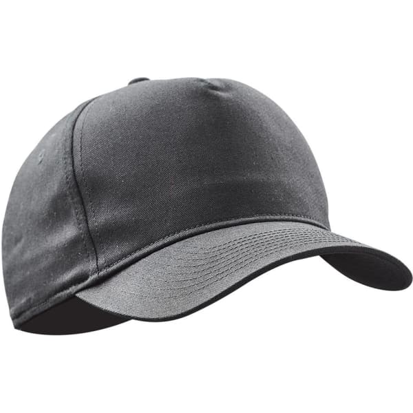 A black cap with a curved bill and a logo, designed for headwear promotions.
