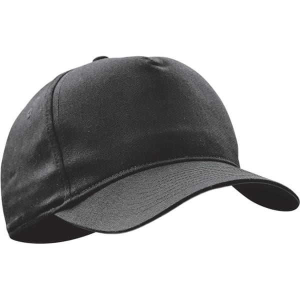 A black cap with a curved brim and a seamless design, featuring a logo on the front.