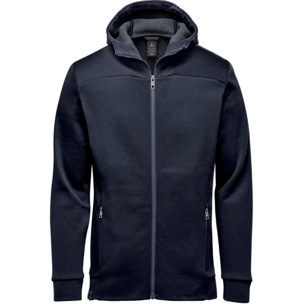 A navy blue men's hoodie with a full zip, featuring a hood and side pockets, and a logo on the chest.