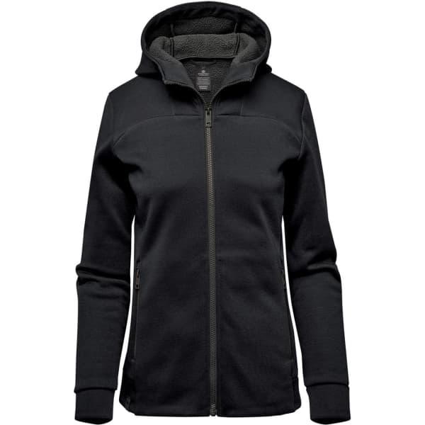 A women's black Antares Performance Hoody with a zip front and hood, featuring a soft inner lining.