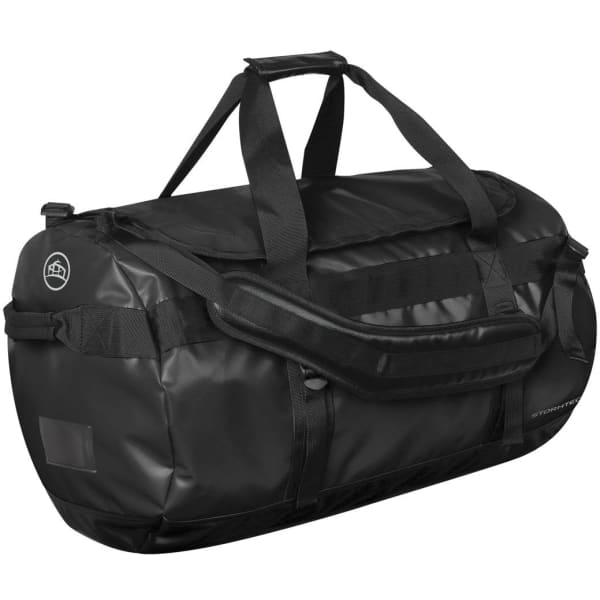 A medium black duffle bag with handles and a shoulder strap, featuring a logo on one side.
