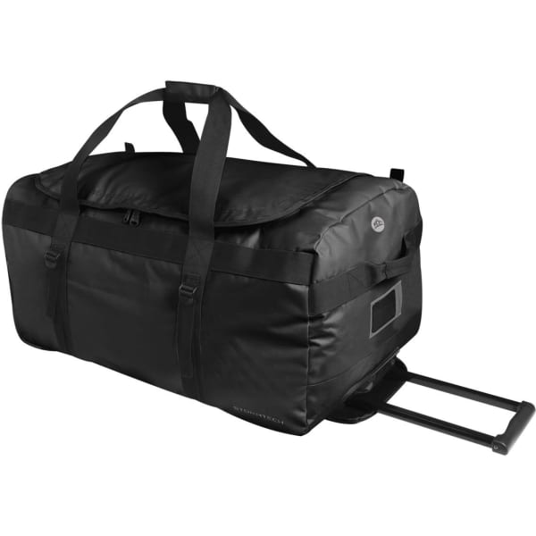 A black wheeled duffle bag with straps and a handle, featuring a logo.