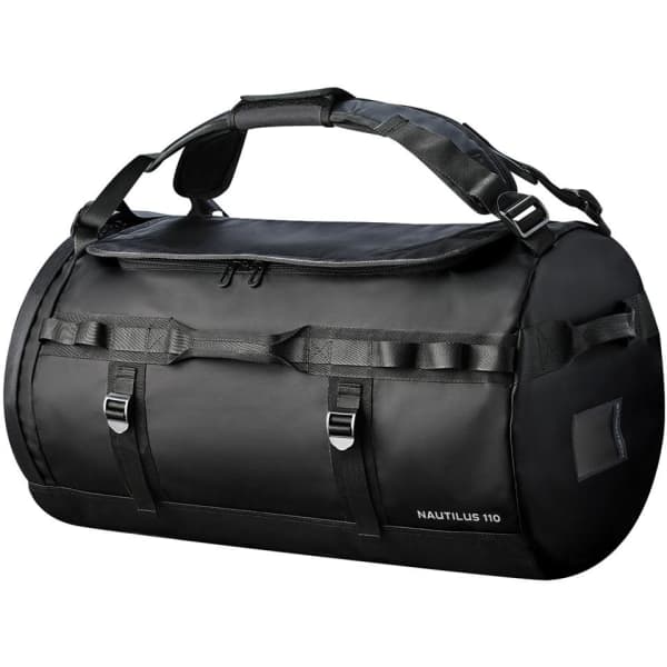 A black waterproof duffle bag with adjustable straps and a logo, featuring a cylindrical shape and sturdy handles.