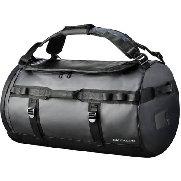 A black waterproof duffle bag with adjustable straps and a sleek design, featuring a logo.