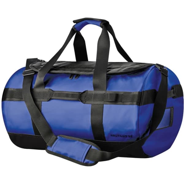 A waterproof duffle bag in blue and black, featuring adjustable straps and a logo on the side.