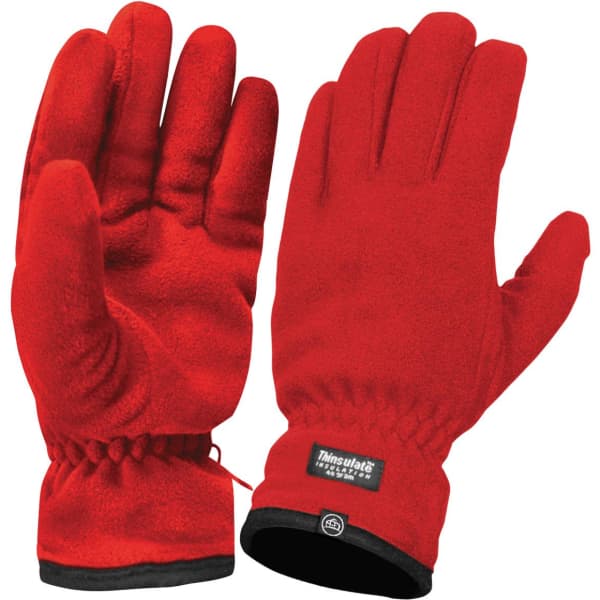Red fleece gloves featuring a logo, designed for warmth and comfort. Elastic wrist for a snug fit.