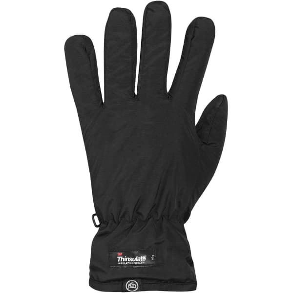 A pair of black fleece lined gloves with a snug fit and elasticated wrist. Features a logo.