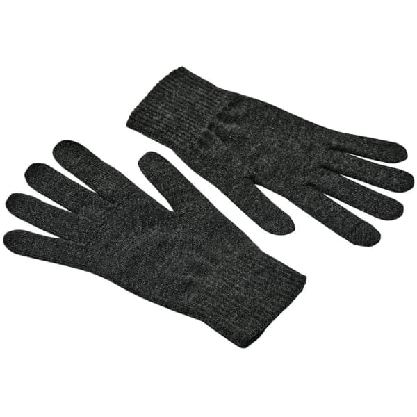 A pair of black and grey knit gloves displayed flat, featuring a ribbed cuff and a simple design.