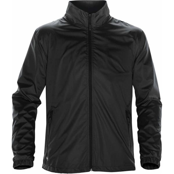A black jacket featuring a zip front, a collar, and pockets, with a logo on the left side.