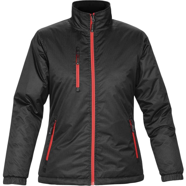 A women's thermal jacket in black with red accents, featuring a zip front and multiple zippered pockets.