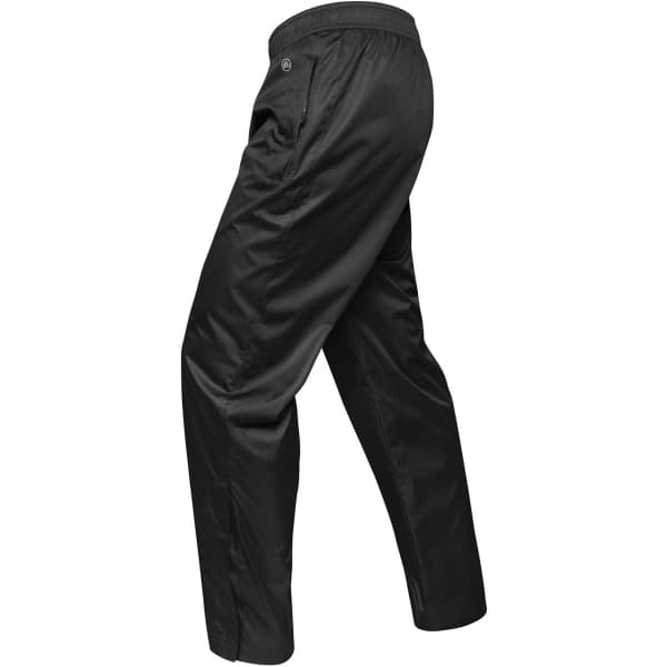 Men's black track pants featuring a relaxed fit and an elastic waistband, with a logo present on the fabric.