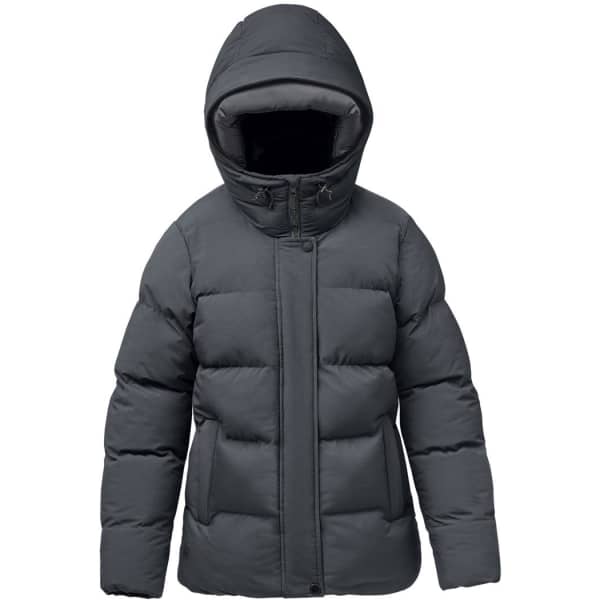 A women's thermal jacket in dark grey, featuring a hood and a puffy design, with a logo on the chest.