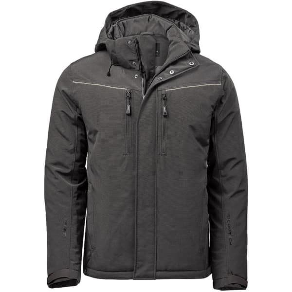 A men's thermal jacket in dark grey with a hood, featuring multiple zippered pockets and a logo.