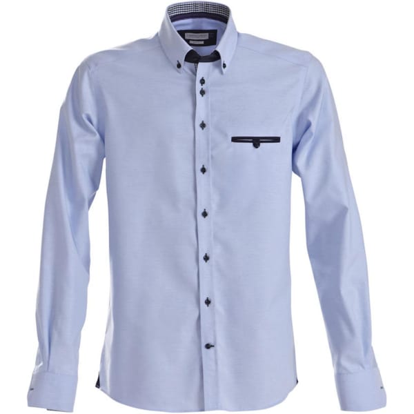 A button-up shirt in light blue with a contrasting black pocket and buttons. Features a checkered inner collar.