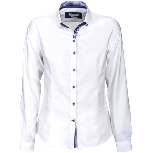 A white button-up shirt with a checkered blue pattern on the collar and cuffs. It features a logo on the label.
