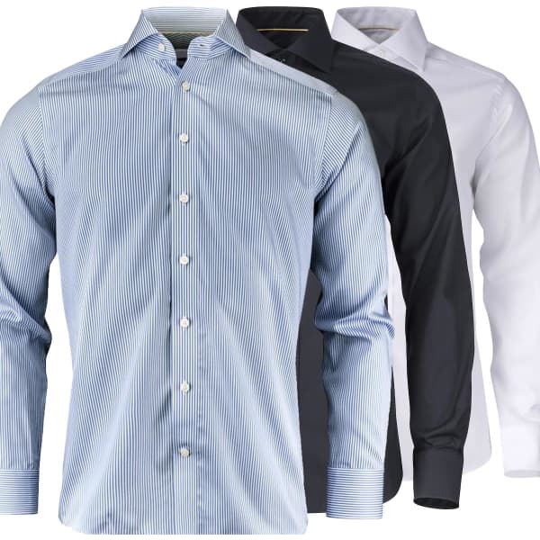 A collection of men's button-up shirts in blue striped, dark blue, and white with a logo present on one shirt.