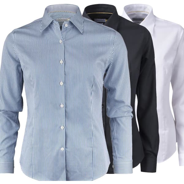 Three button-up shirts in blue and white stripes, black, and white, featuring a logo on the front.