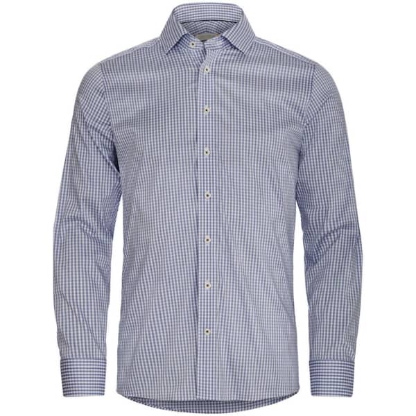 A button-up shirt featuring a blue and white check pattern with a collar and long sleeves. It has a logo on it.
